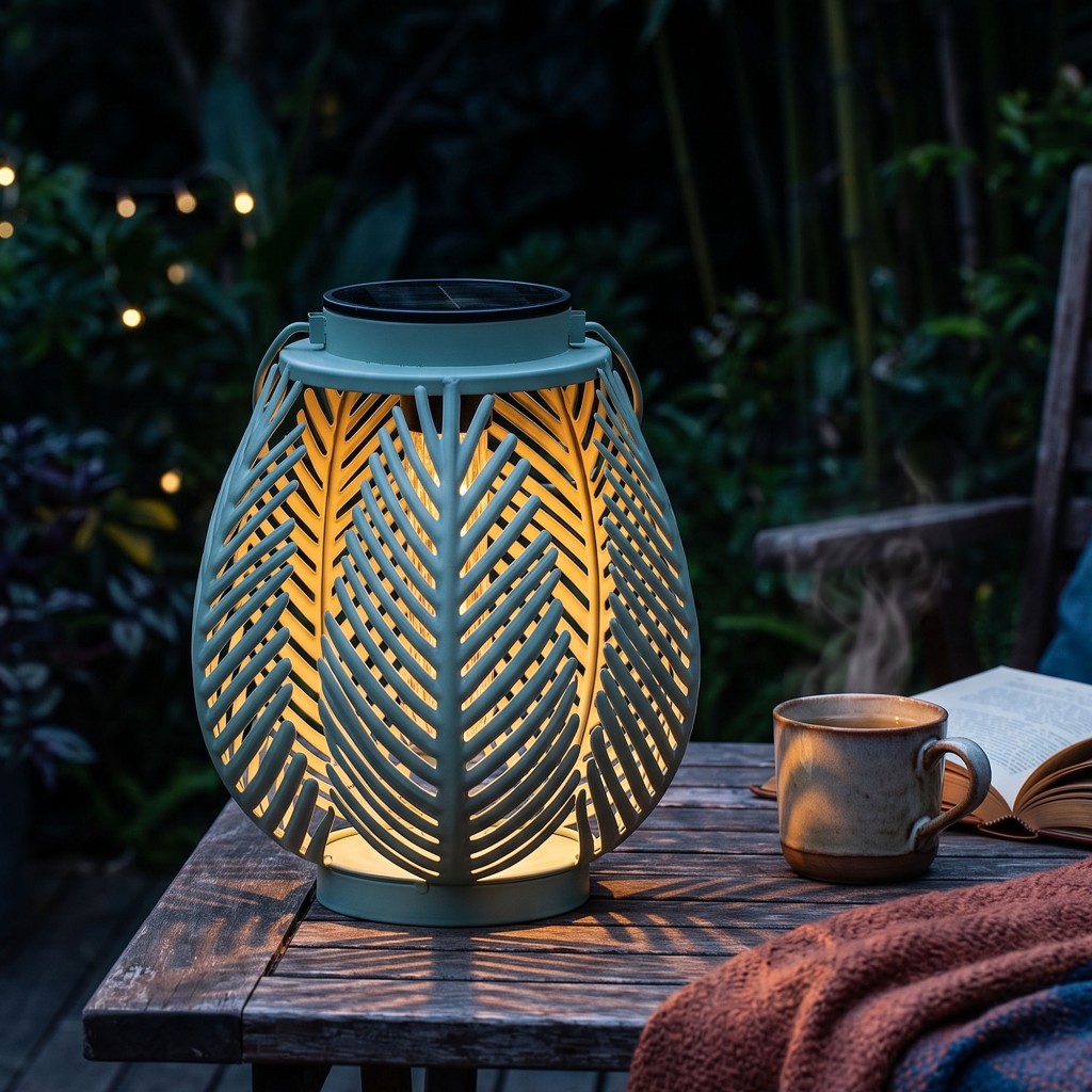 Solar-LED-Laterne mit Farn-Motiv auf der Terrasse
