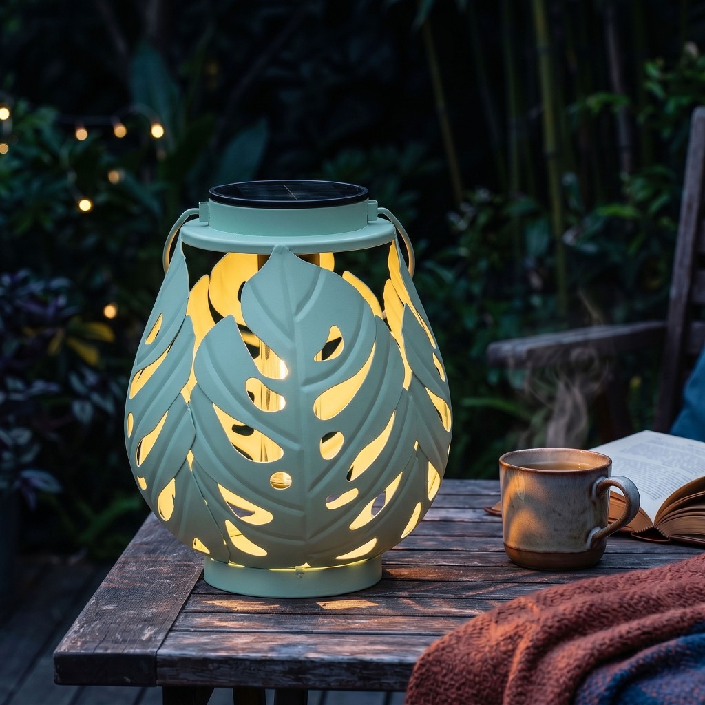 Solar-LED-Laterne mit Monstera-Motiv im Garten
